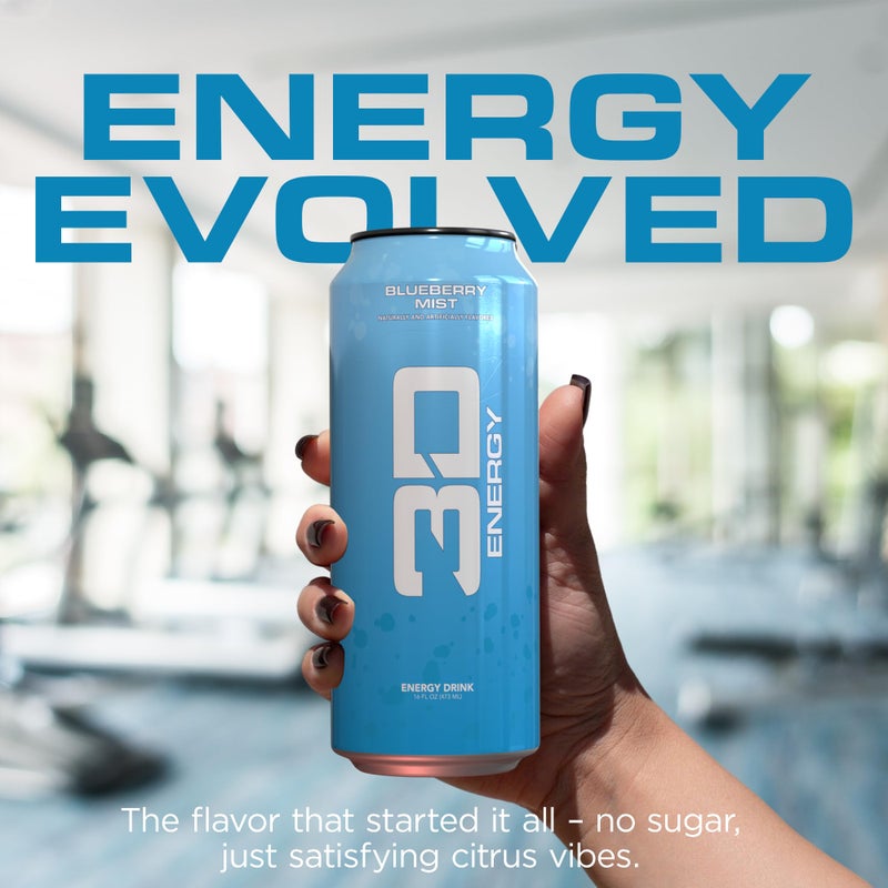 3D Energy Drink - Sugar Free, 200mg Caffeine, Pre Workout, Taurine, L-Carnitine, Lightly Carbonated, 16oz Cans, 12 Pack - Blueberry Mist - Image 3
